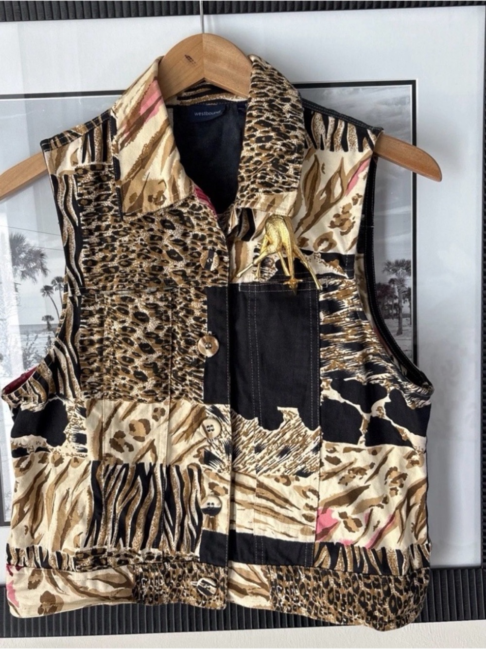 Vintage Westbound Animal Print Patchwork Vest Safari Giraffe Brooch Sz S